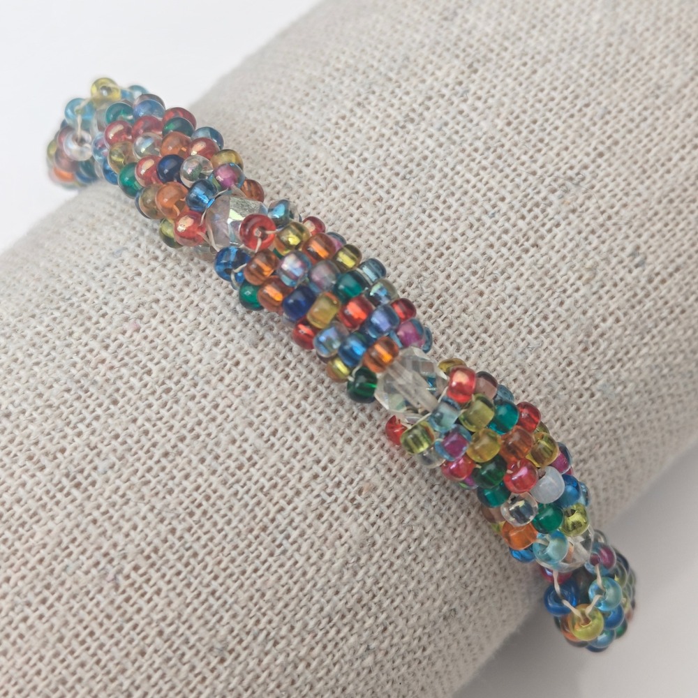 Multicolor Glass Seed Bead Rainbow Bracelet Heart Toggle Clasp Blue Rhinestones